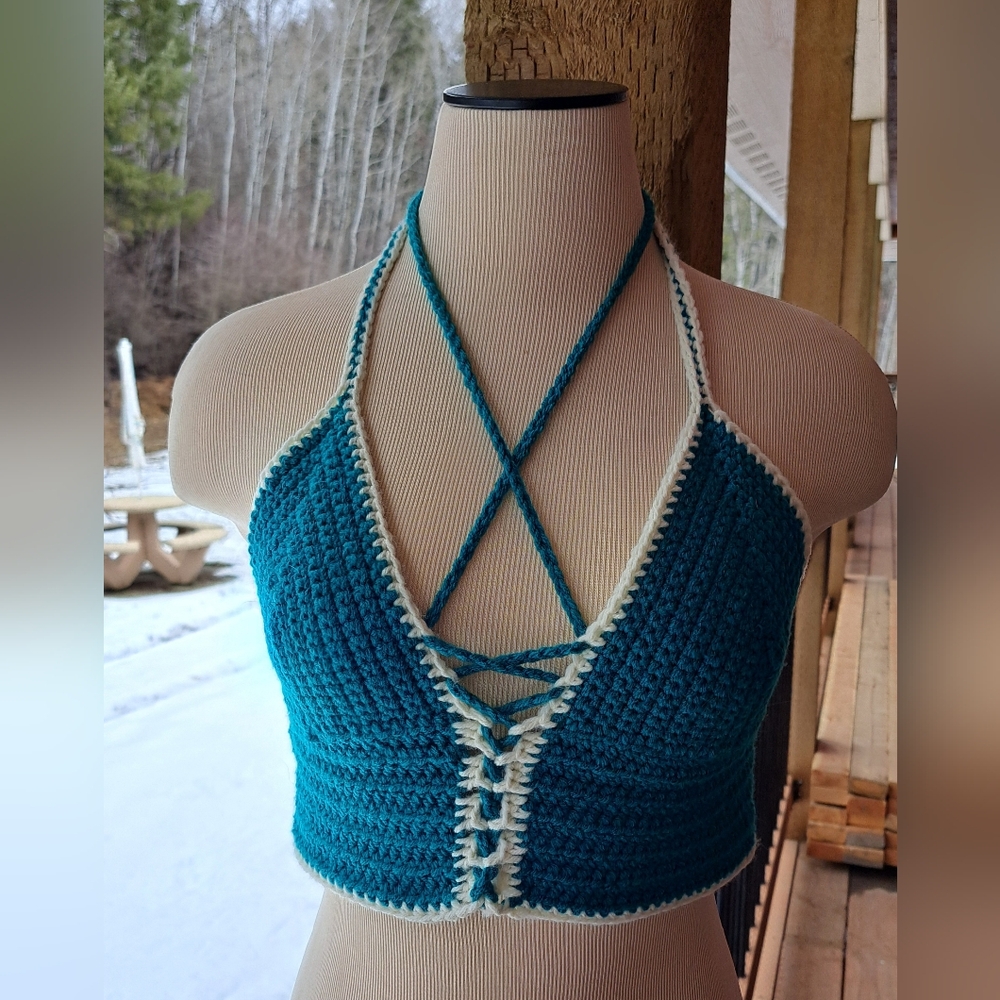 Teal and White Crochet Halter Top